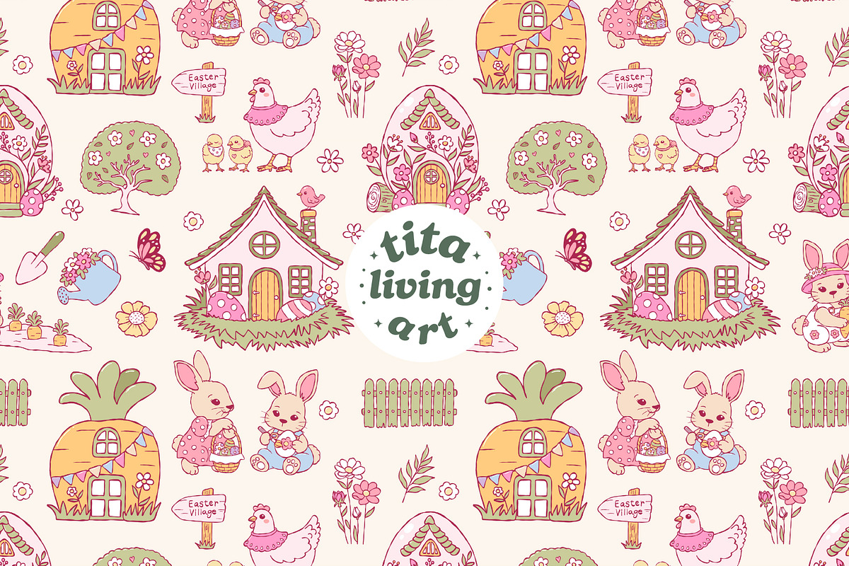 Easter Village Seamless Pattern, a Seasonal Illustration by TitaLivingArt (Photo 1 of 13)
