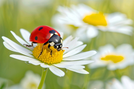Ladybug on white daisy flower