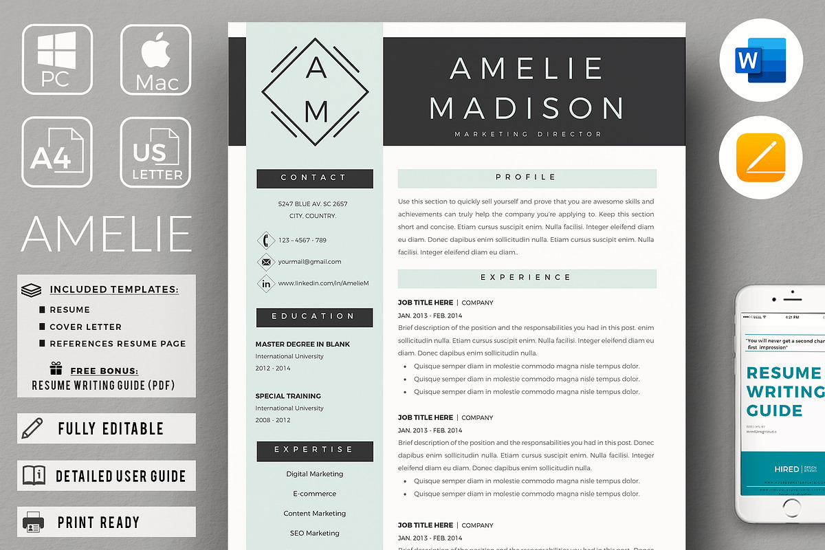 Marketing Resume CV for Word & Pages, a Resume Template by HIRED Design Studio (Photo 1 of 11)