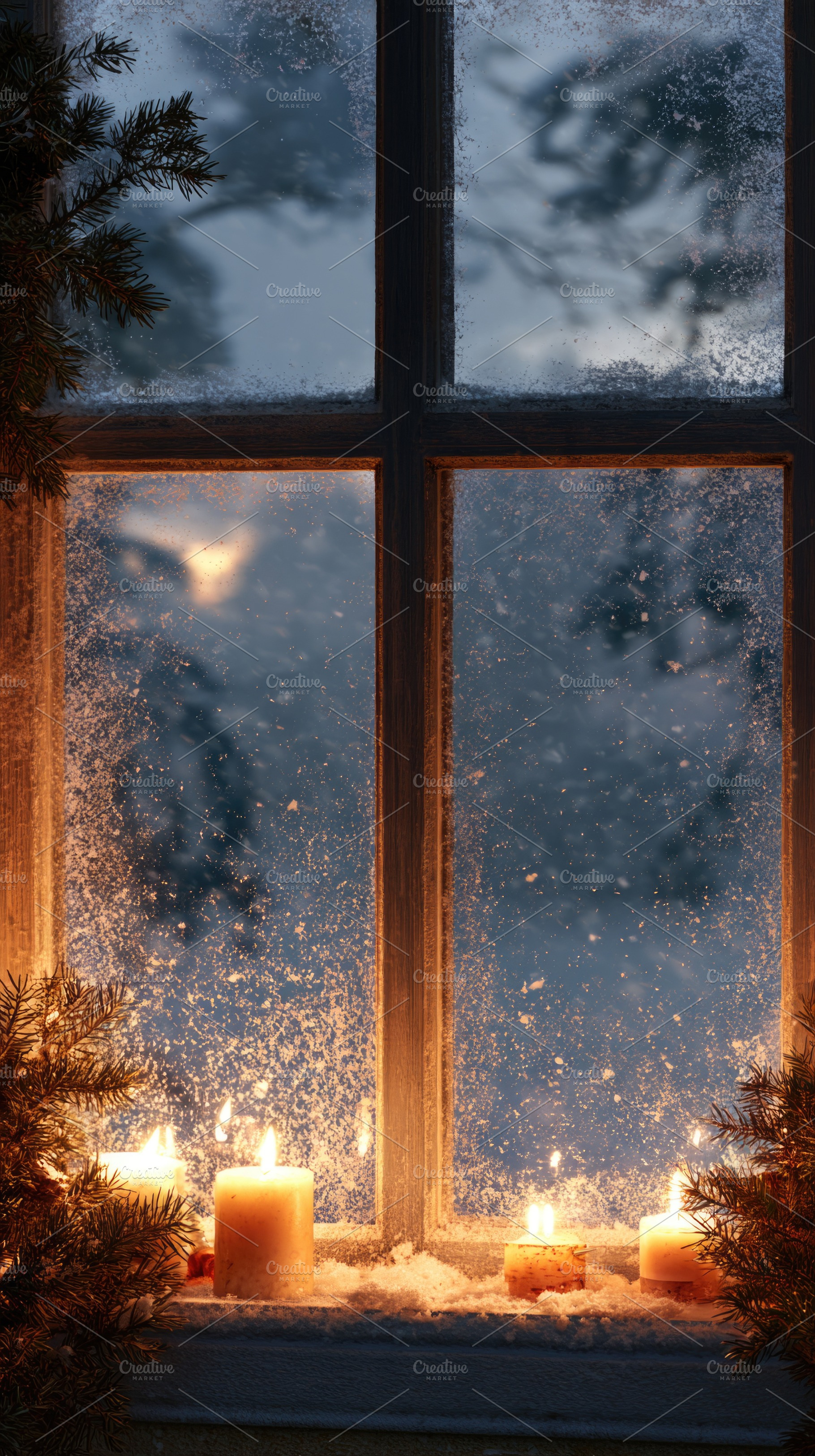 Cozy Christmas window with candles, snow and frosted glass, a Food & Drink Photo by José Manuel Gelpi