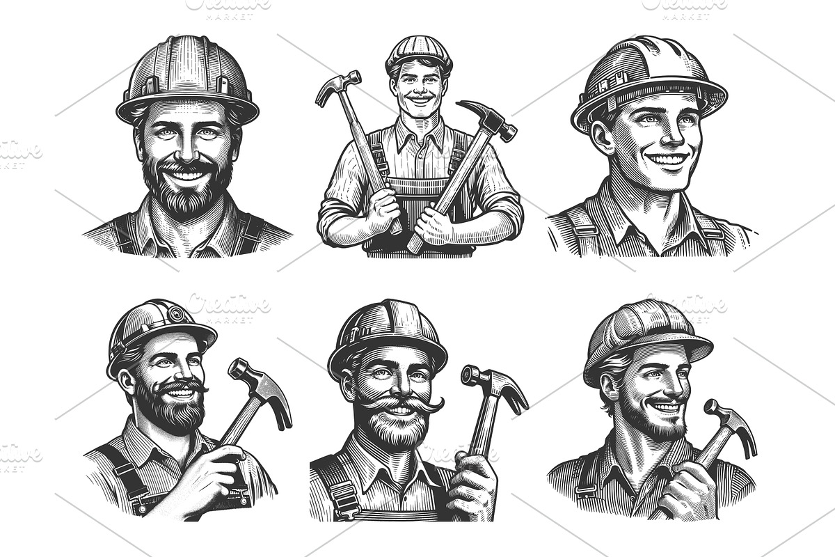 Construction Worker engraving vector, a Person Illustration by AlexArt