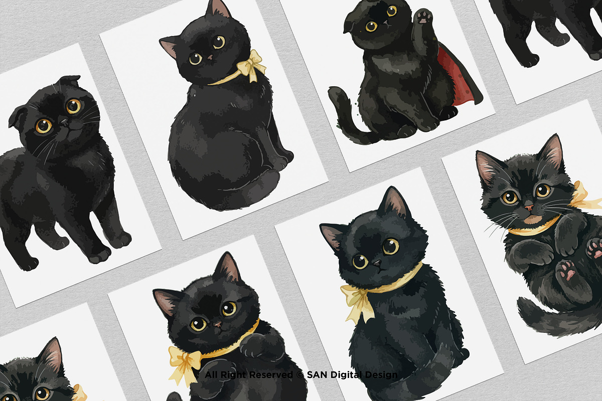 15 Bundle Watercolor Dark Cats Kiten, an Animal Illustration by Morspective (Photo 3 of 8)