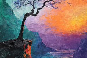 Abstract Painting Sunset Cliff Tree, an Abstract Photo by Hamza067