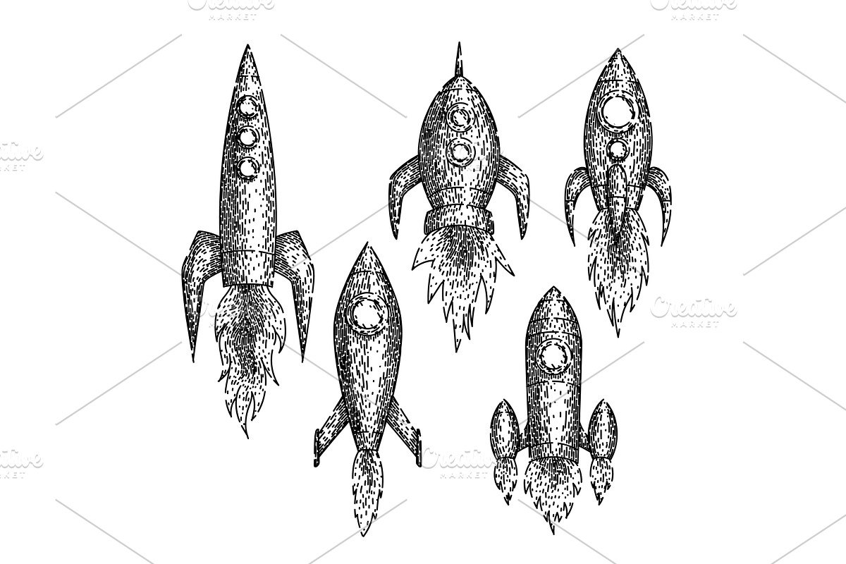 rocket set sketch hand drawn vector, an Object Illustration by pikepicture