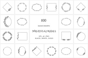100 Hand Drawn Wreaths and Frames 2, a Work Illustration by NatalieArtShop