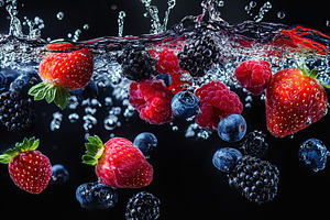 Different berries falling into water on black background, a Food & Drink Photo by AlyaAnd