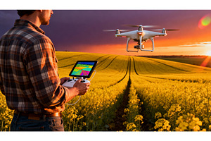 Man flying drone over yellow canola, a Nature Photo by tilialucida