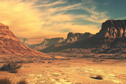 Stunning desert landscape at sunset, a Photo by Tanuart