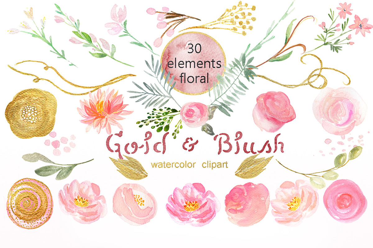Gold & blush watercolor flowers, an Illustration by LABFcreations (Photo 2 of 6)