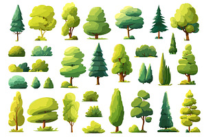 Cartoon green trees and bushes set