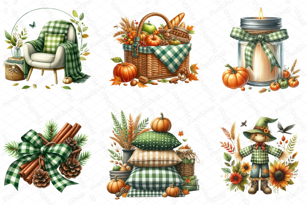 Green Gingham Autumn Clipart, an Illustration by DreamPrint404 (Photo 4 of 6)