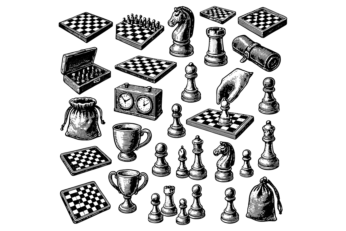 Chess Pieces and Board Icons, an Object Graphic by nikagraphic