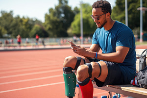 Athlete using smartphone on track, a Photo by Beautiful things