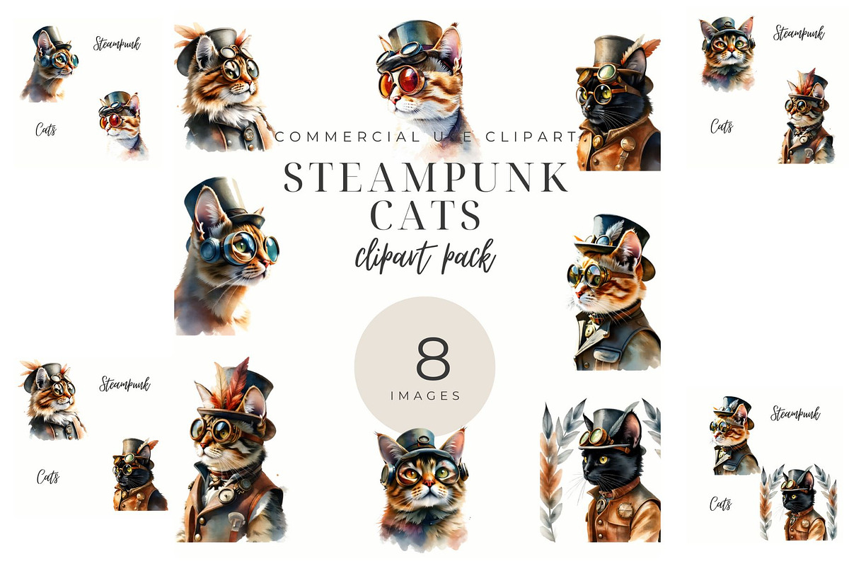 8 Steampunk Cats, an Object Graphic by Deborah Annes Digitals