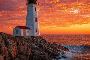 Lighthouse Sunset Dramatic Ocean Wav, a Photo by Pixeness Studio