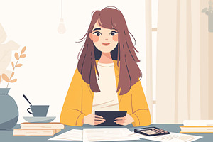 Young woman happily working with documents and tablet at a relaxed desk, a Photo by AS photostudio