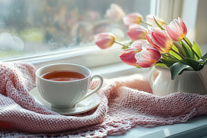 Cup of hot tea and knitted plaid on a windowsill, a Food & Drink Photo by AlyaAnd