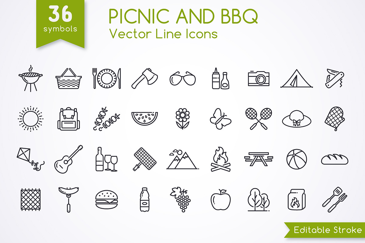 Picnic and BBQ icons + Patterns, an Outline Icon by JuliaMalinovskaya (Photo 1 of 4)