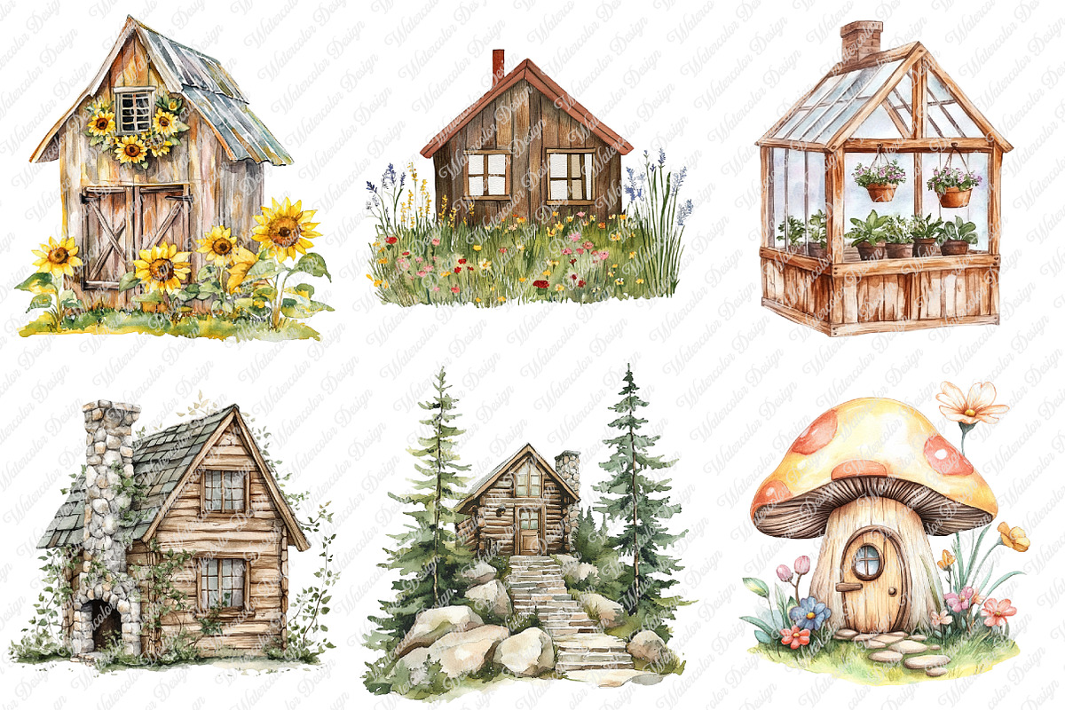 Watercolor Little Wooden House Clipa, an Illustration by Watercolor design (Photo 4 of 12)