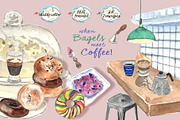 Bagels & Coffee-Watercolor Clipart, a Food Illustration by VianneArt (Thumbnail 1 of 6)