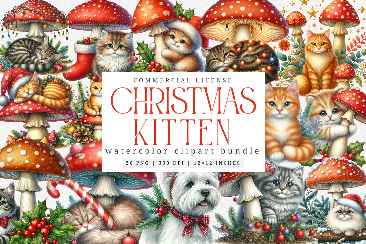 Christmas Kitten Clipart Bundle, an Illustration by SinaCreation (Photo 1 of 7)