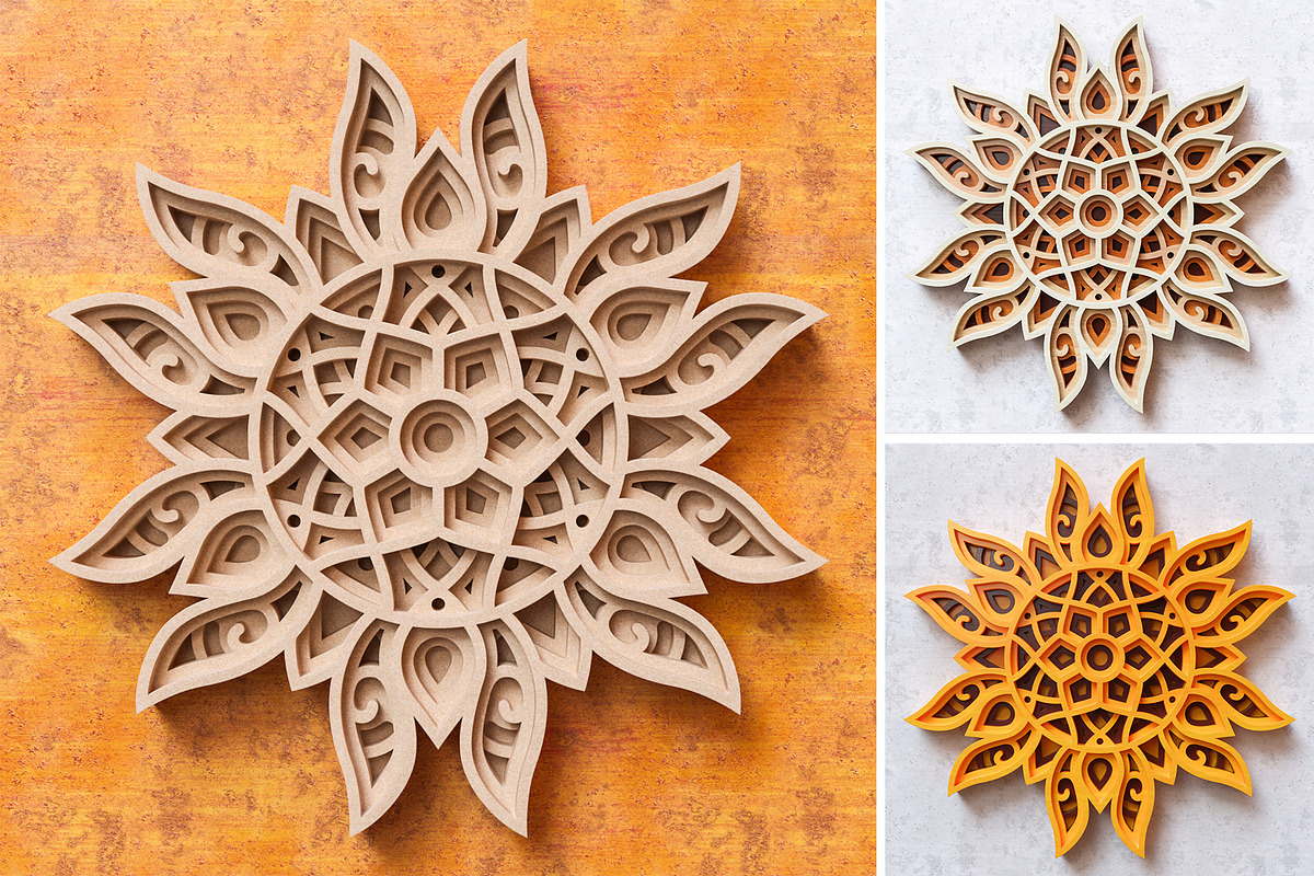Sun Mandala 3D Layered SVG Cut File, an Illustration by pixaroma