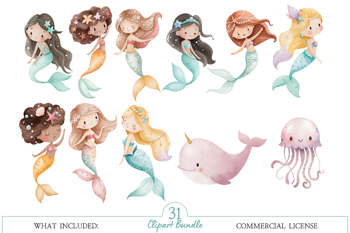 Watercolor Mermaid Clipart Bundle, an Illustration by MockupWizard (Photo 2 of 4)