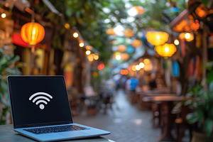 Laptop displaying wifi sign in a vibrant outdoor cafe setting du, a Technology Photo by AlyaAnd
