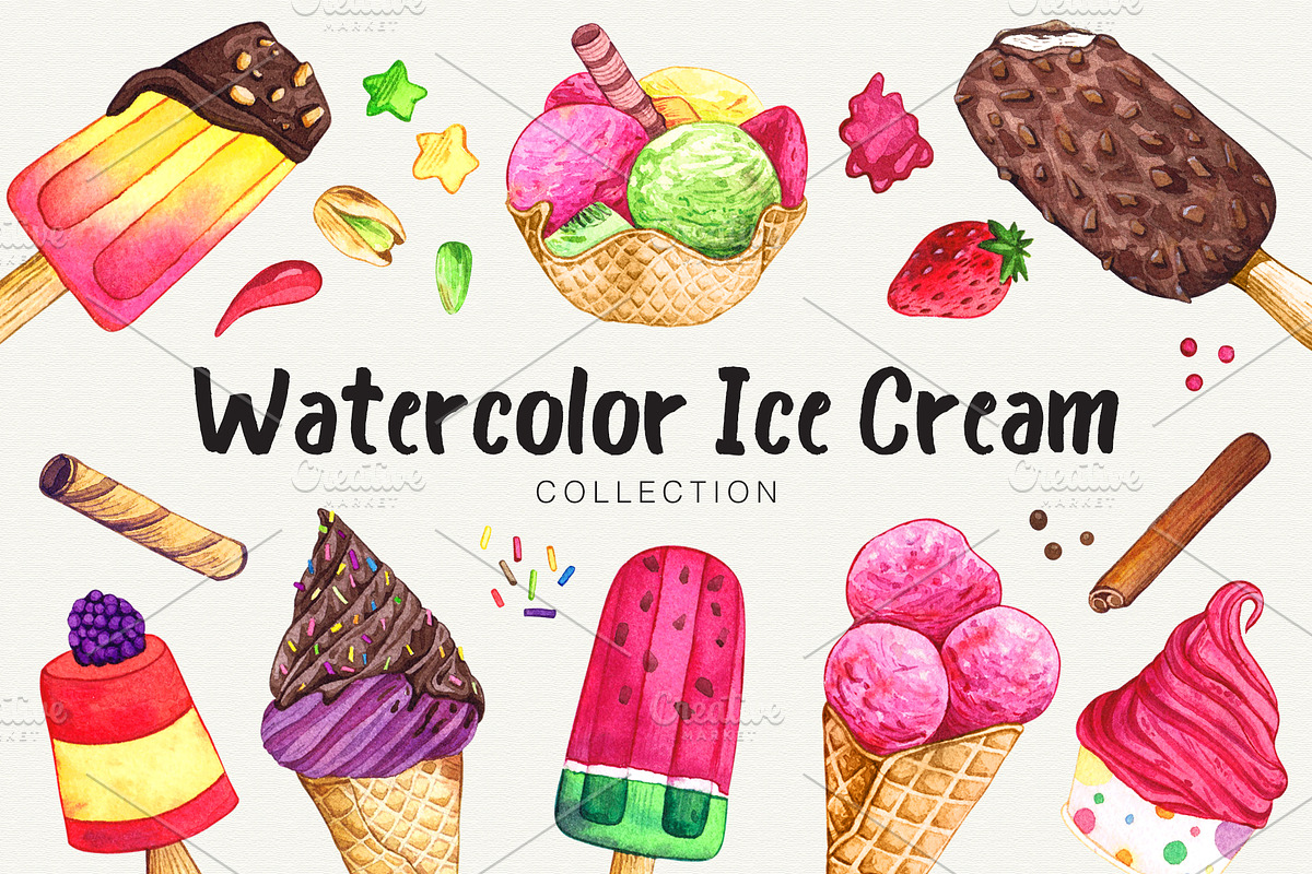 Watercolor Ice Cream Collection, a Decorative Illustration by Olga Alexeenko (Photo 1 of 5)