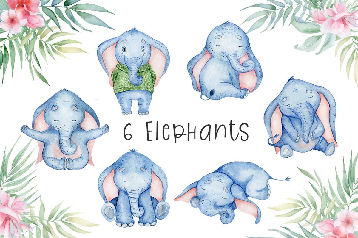 Lovely Elephants Watercolor set, an Animal Illustration by Evgeniia