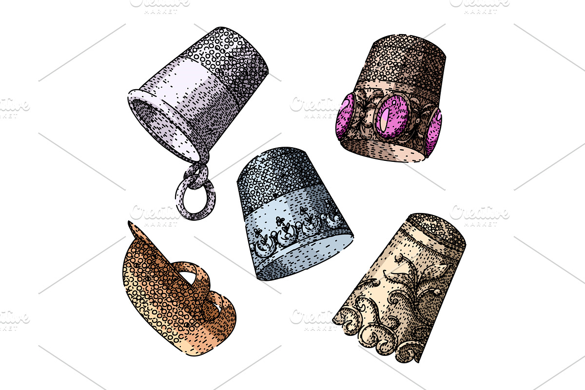 sewing thimble set sketch hand drawn, an Object Illustration by pikepicture