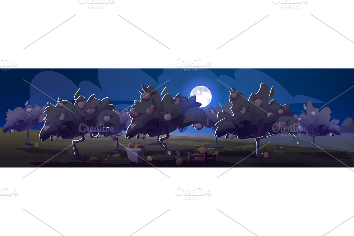 Moonlit orchard with fruit trees, an Illustration by art PVP - market