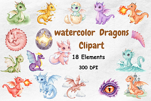 Watercolor Dragons Clipart, an Animal Illustration by BerryPieArt