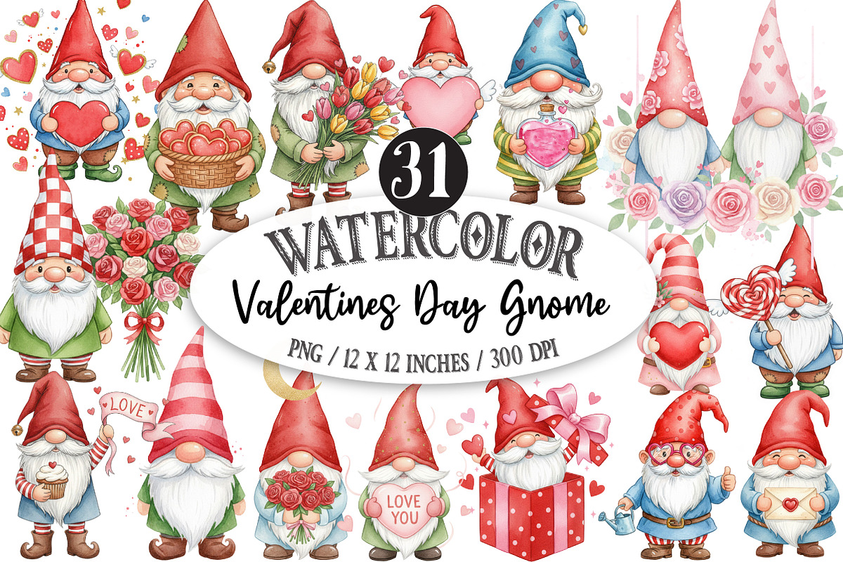 Watercolor Valentines Day Gnome Clip, an Illustration by Designking (Photo 1 of 4)