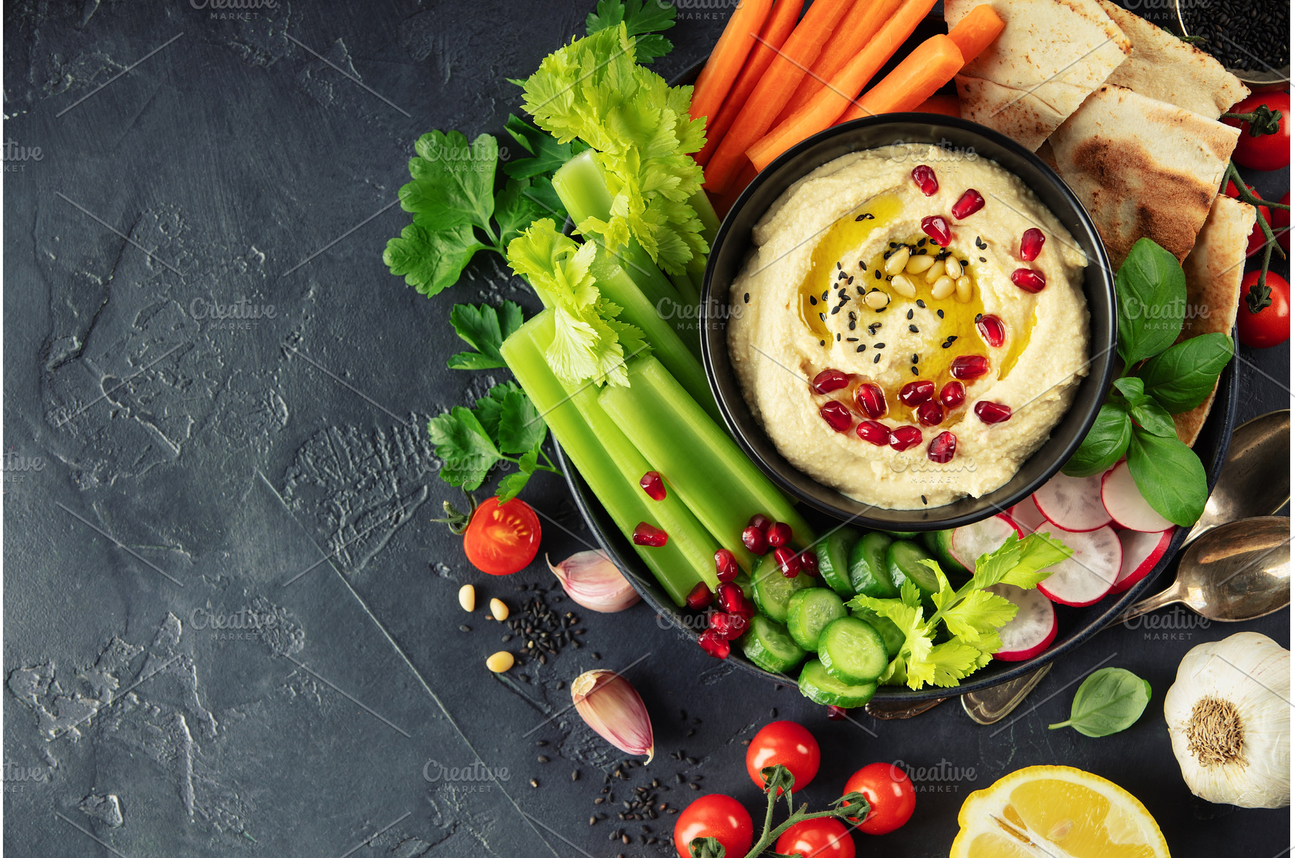 Fresh Hummus Platter with Vegetables, a Food & Drink Photo by Natalia Klenova's Shop