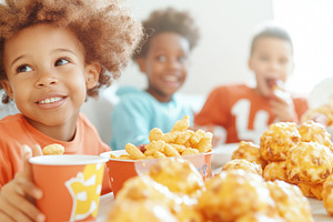 Mixed race children enjoying snacks, a Photo by Dvoevnore photos