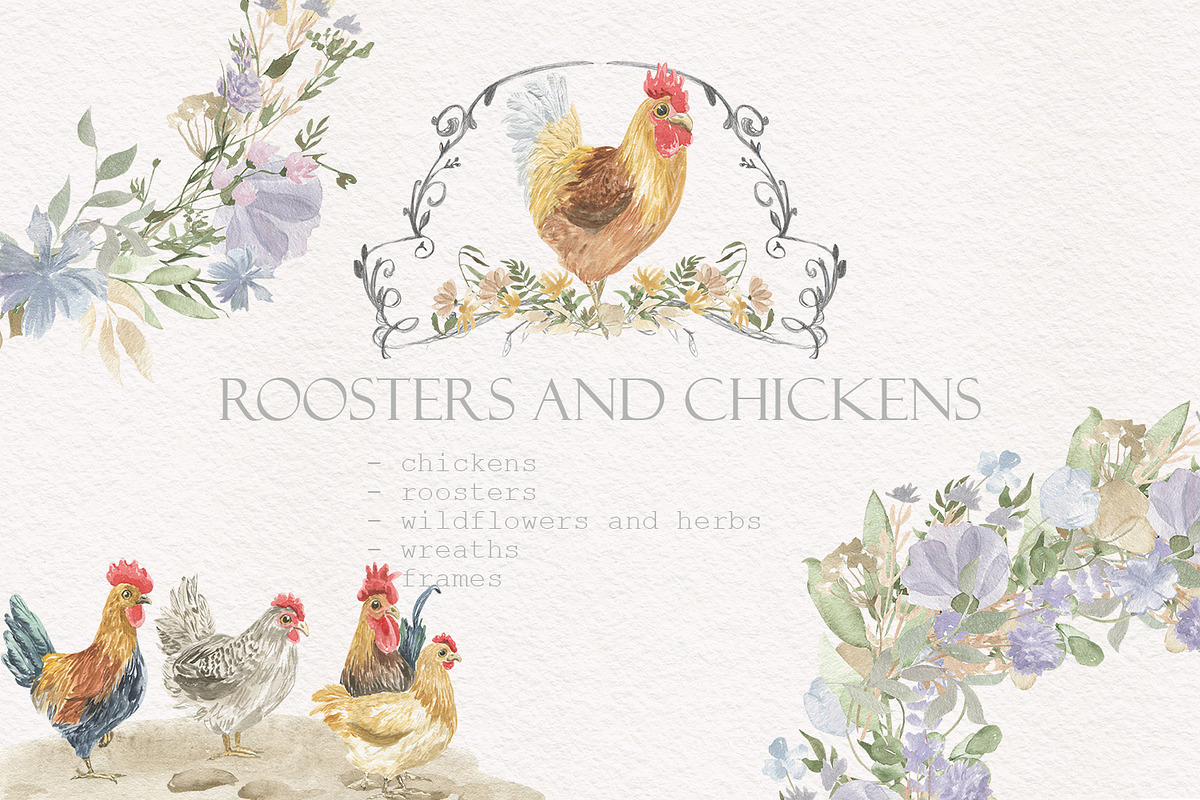 Hens and roosters, an Illustration by Love Watercolor Store (Photo 1 of 10)