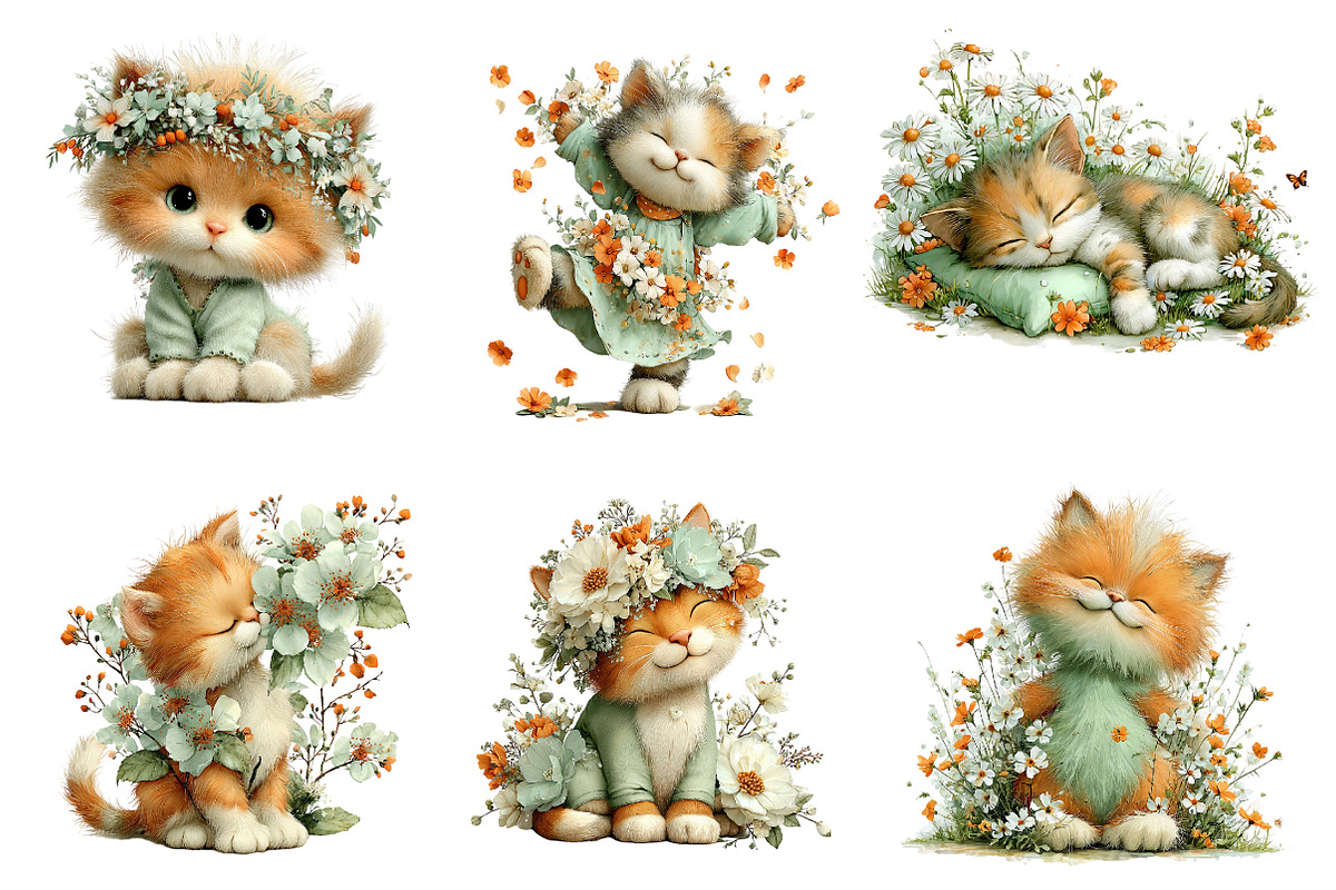 Whimsical Spring Cat Clipart, an Illustration by Dream Creation (Photo 3 of 6)