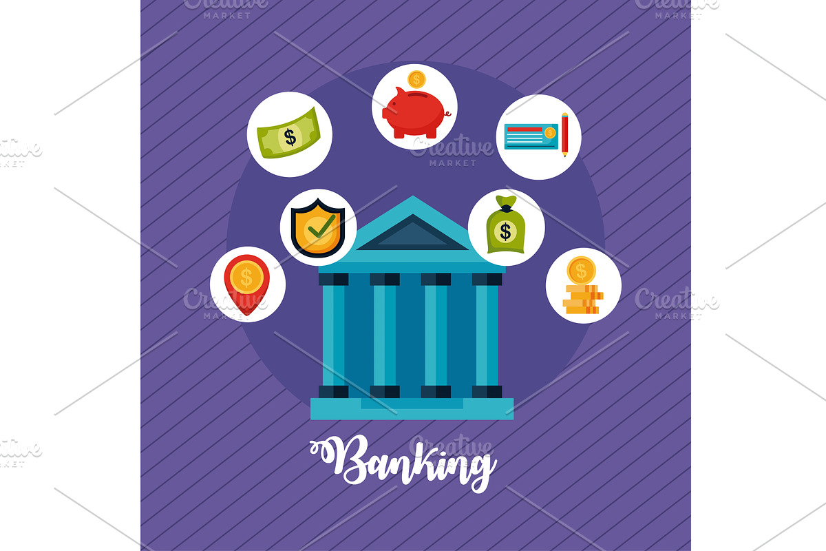 bank building and banking icons, a Finance Illustration by studiogstock