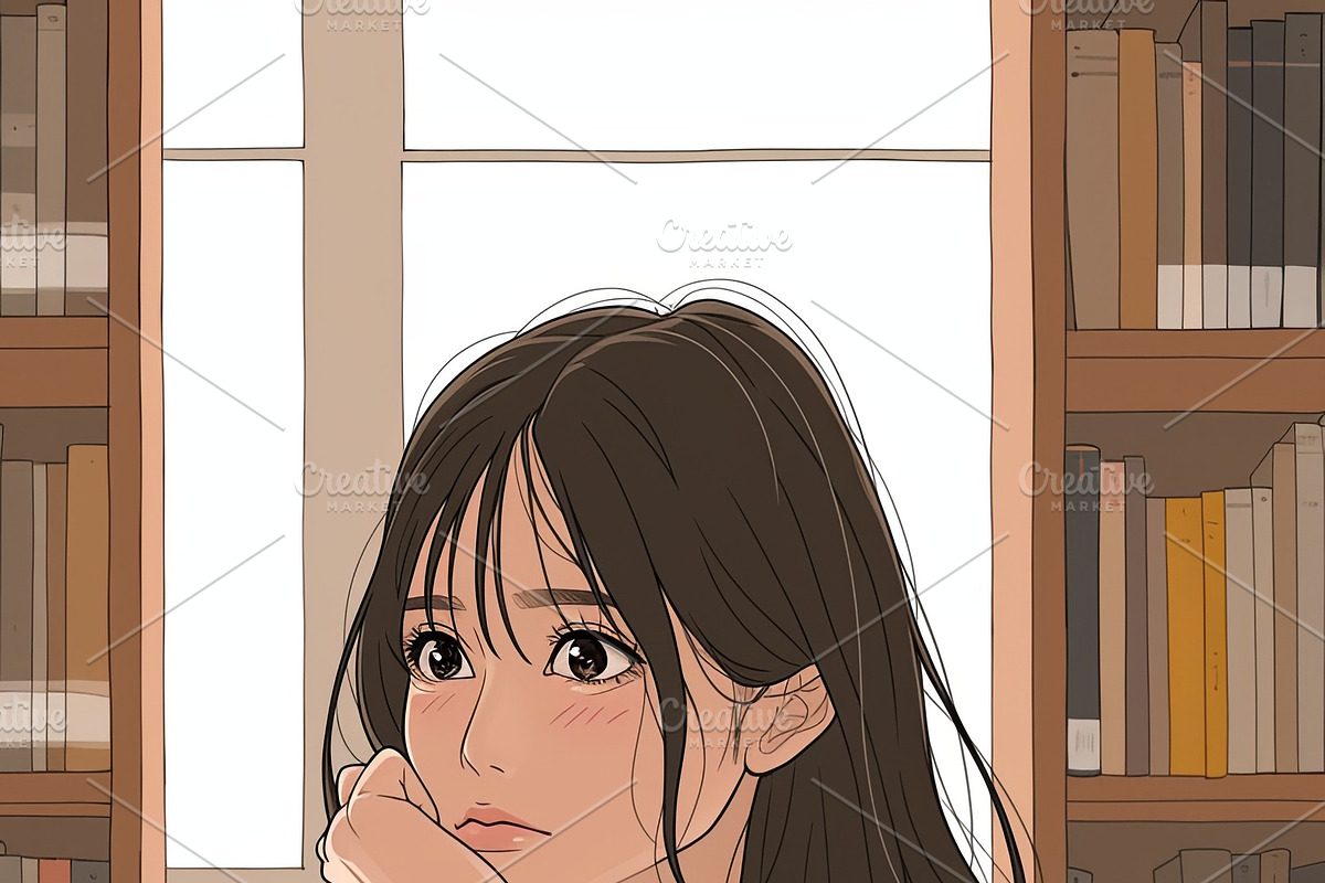 Young woman studying at a table surrounded by books in a library, an Illustration by AS photostudio