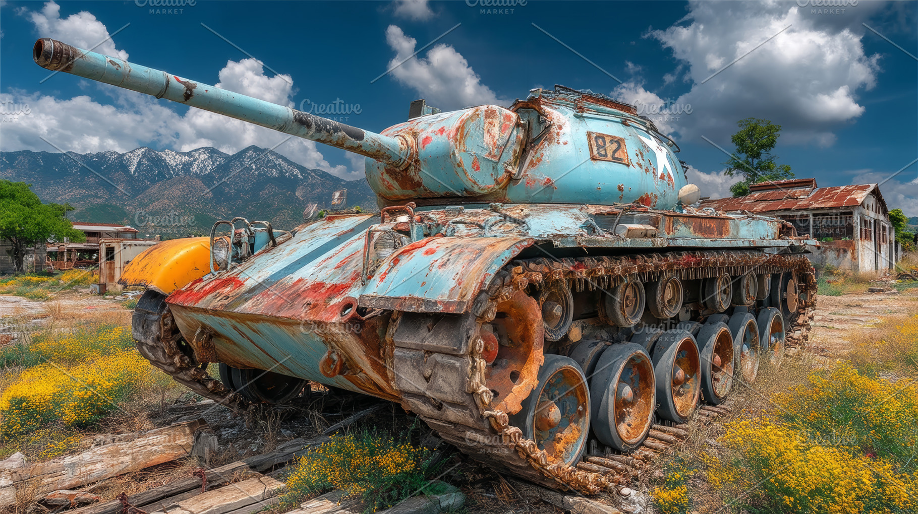 Rusting battle tank abandoned in a field of yellow wildflowers with peeling blu, a Photo by AS photostudio