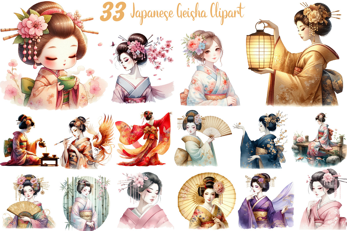 Japanese Geisha Clipart, Asian Beaut, an Illustration by DreamCafeArt (Photo 1 of 7)