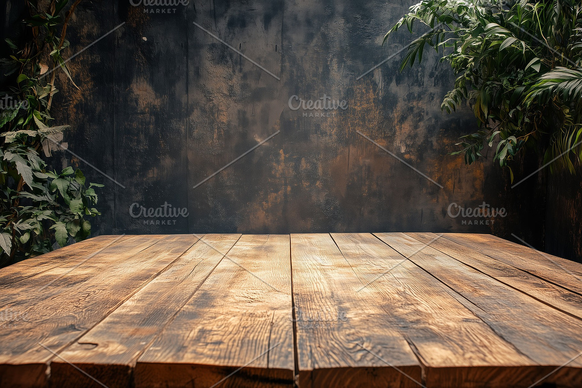 A rustic wooden table stage for product with a textured surface, set against a, a Background Graphic by Textures & Backgrounds