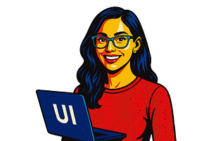 female UI designer with laptop, a Technology Illustration by AlexArt