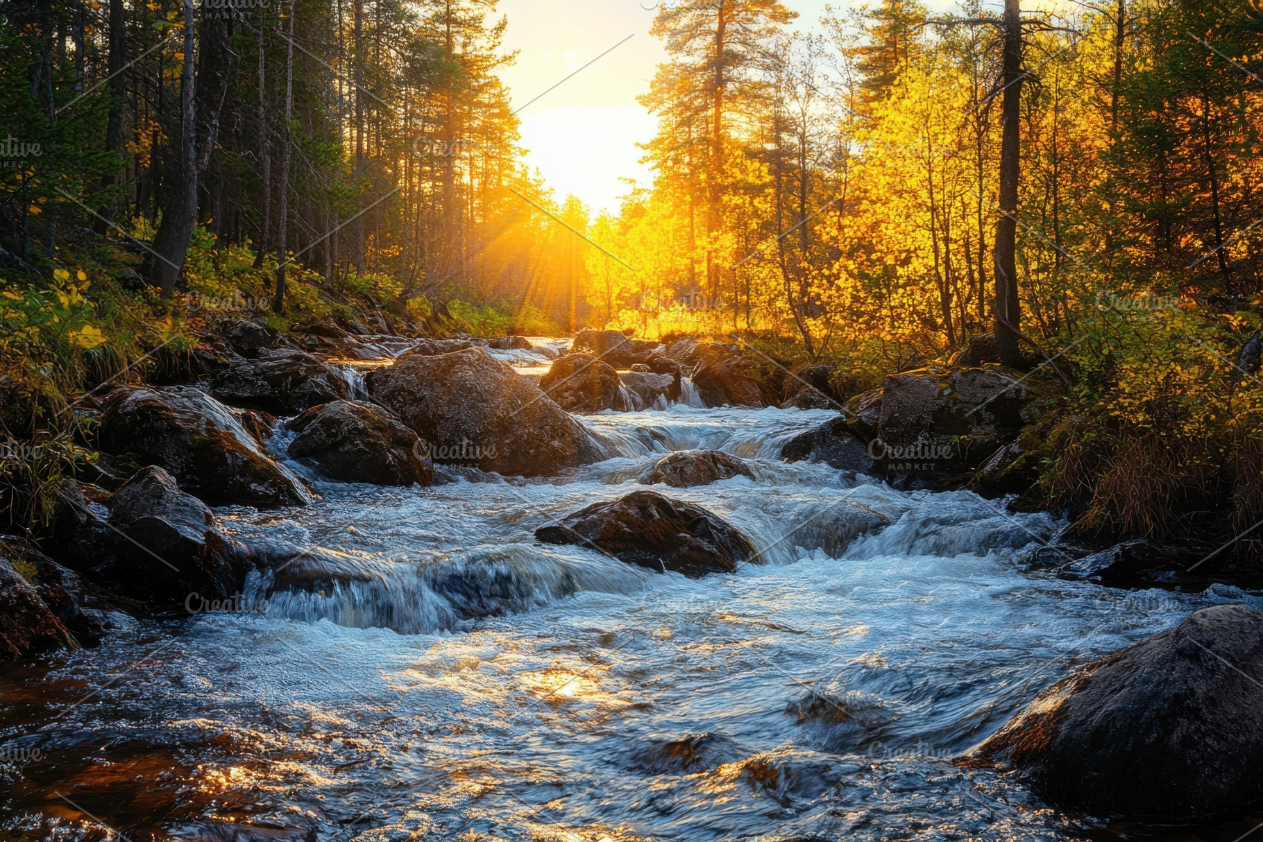 Golden Sunset River Flowing Through, a Photo by Pixeness Studio