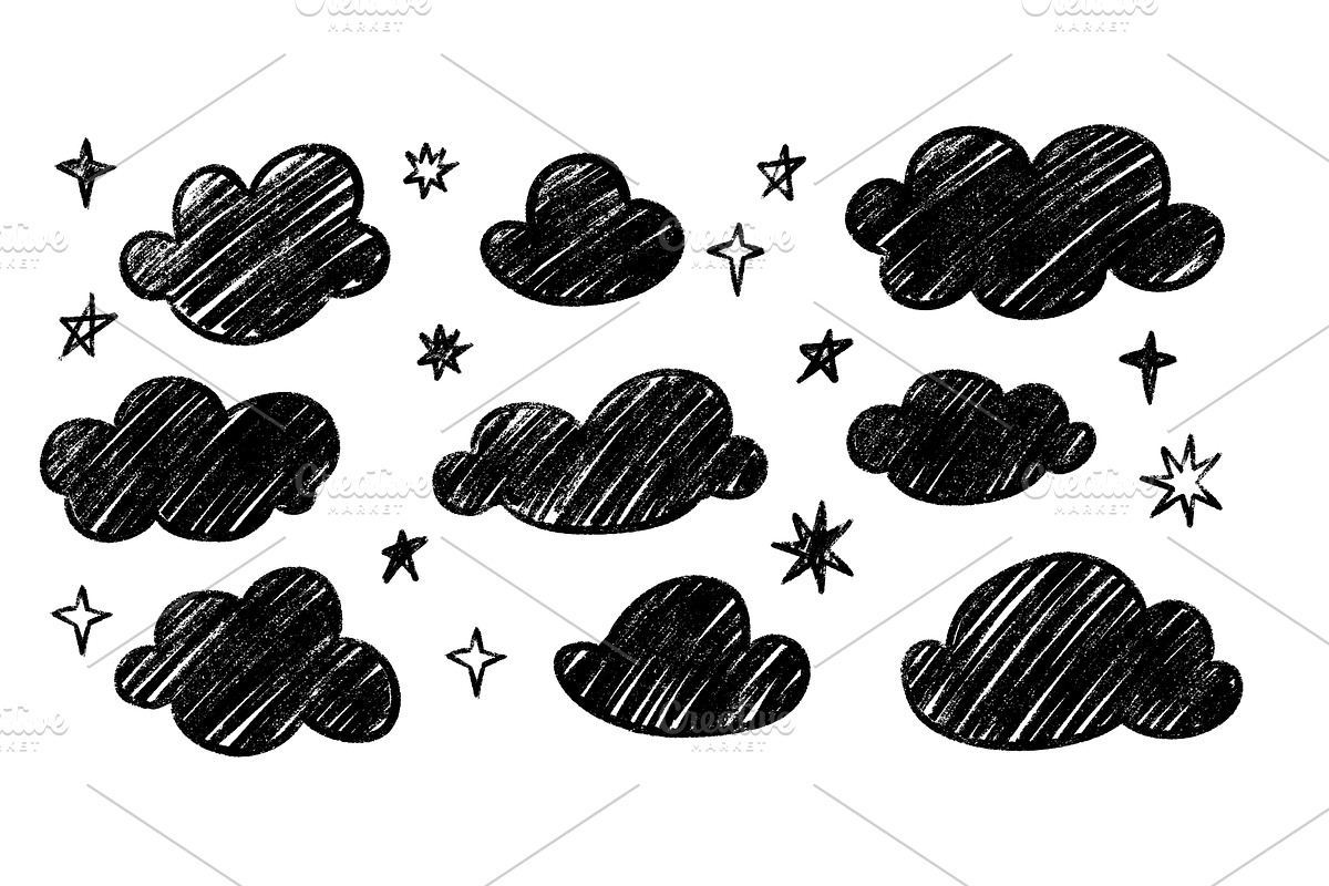 Clouds with stars doodle set -, an Object Illustration by YuliiaOsadcha