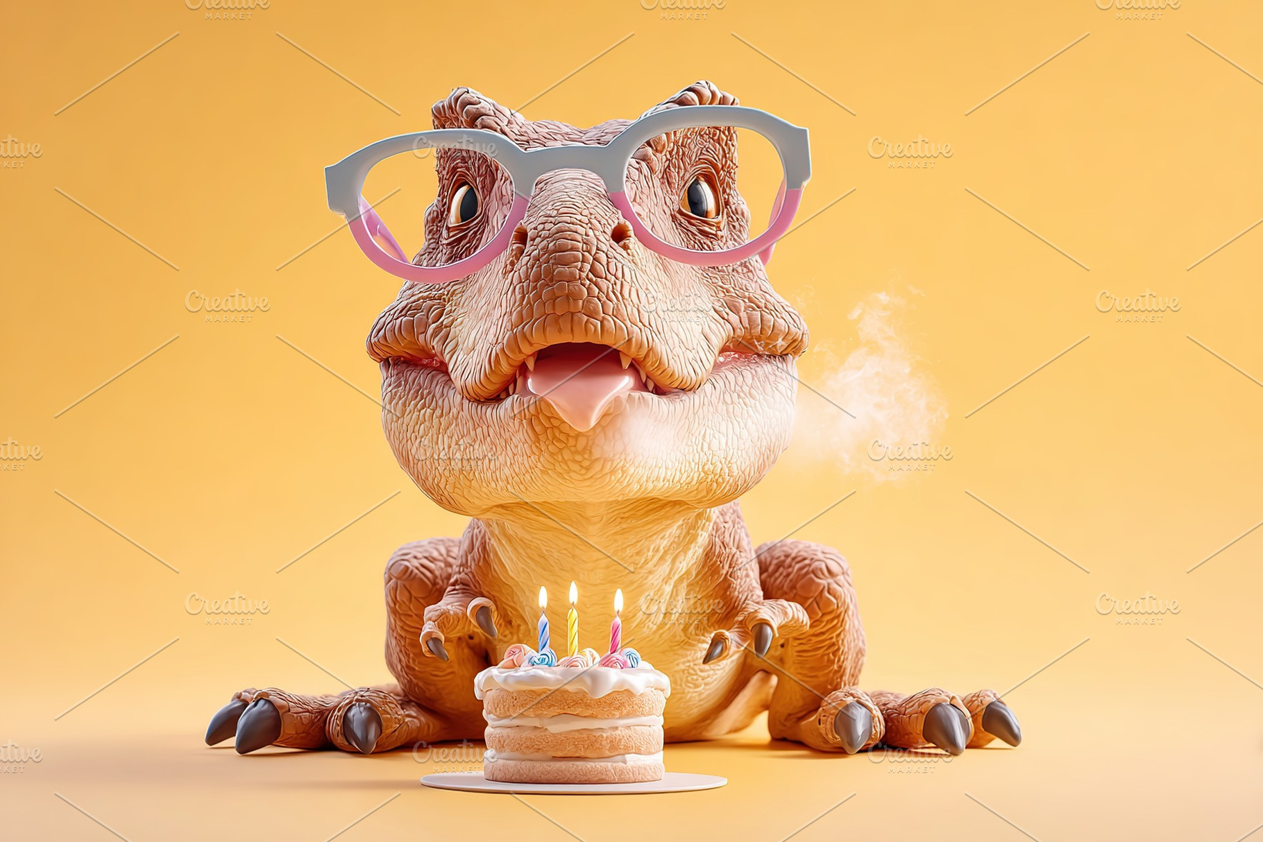 Birthday celebration with a dinosaur wearing glasses and enjoying a cake with c, a Photo by AlyaAnd