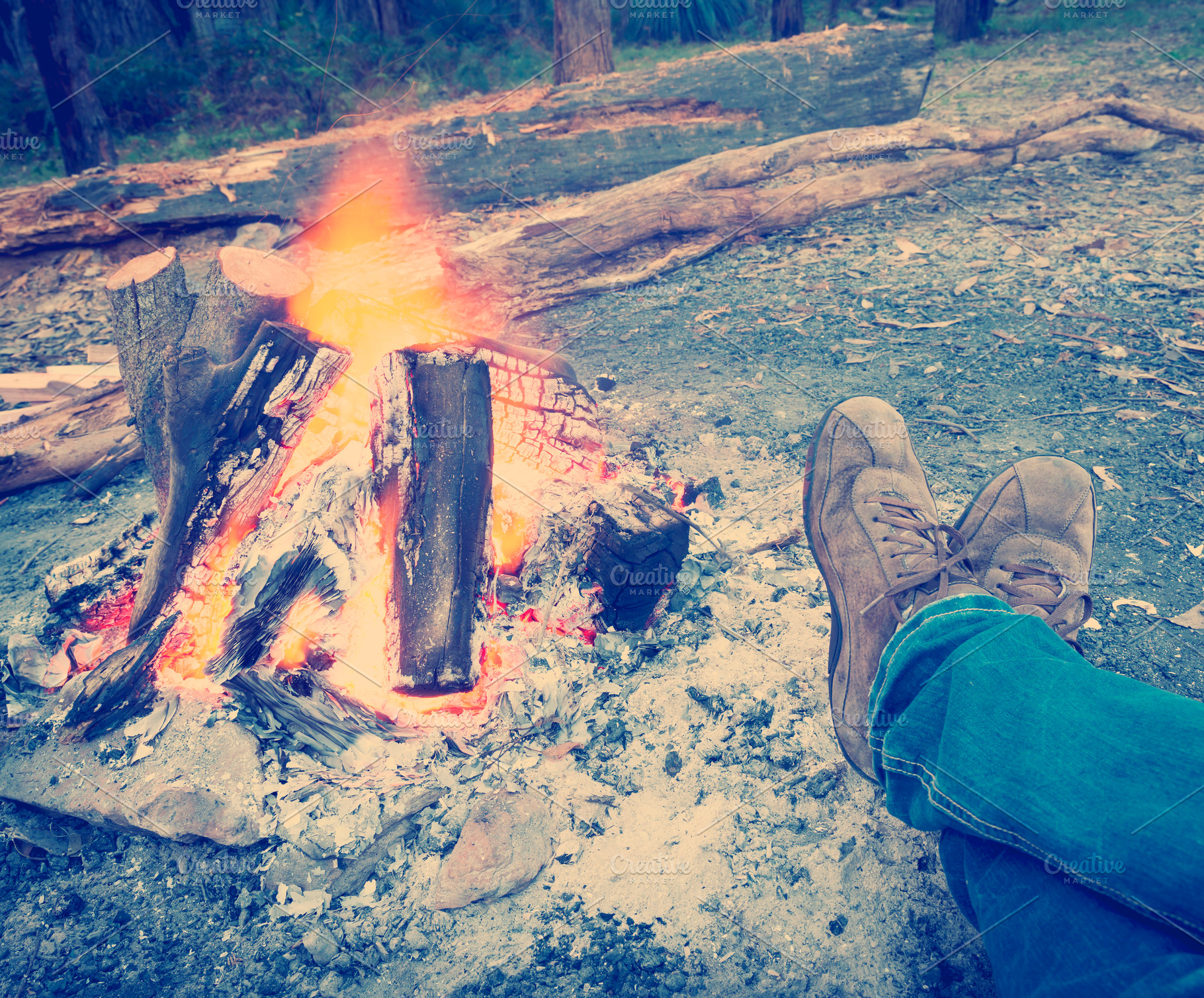 Warming Feet by Campfire Filtered, a Nature Photo by THP Creative