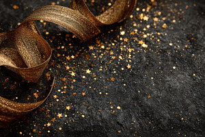Gold ribbon and glitter on black bac, a Photo by Pixeness Studio
