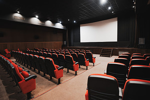 Empty cinema hall with blank screen, a Sports & Recreation Photo by SkyNext